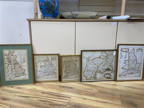 Five assorted 18th century and later coloured engraved maps: